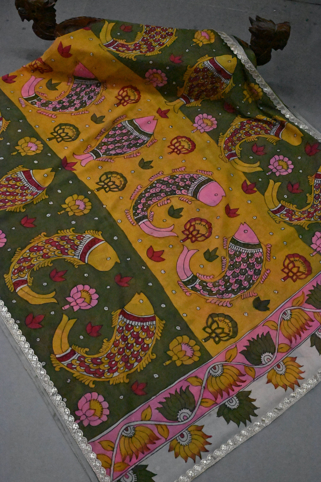 Floral Matsya theme - Ollive Green-Yellow Authentic Pen Kalamkari Handpainted on Pure Georgette Silk Saree With Lace Border | SILK MARK CERTIFIED | SHOBITAM