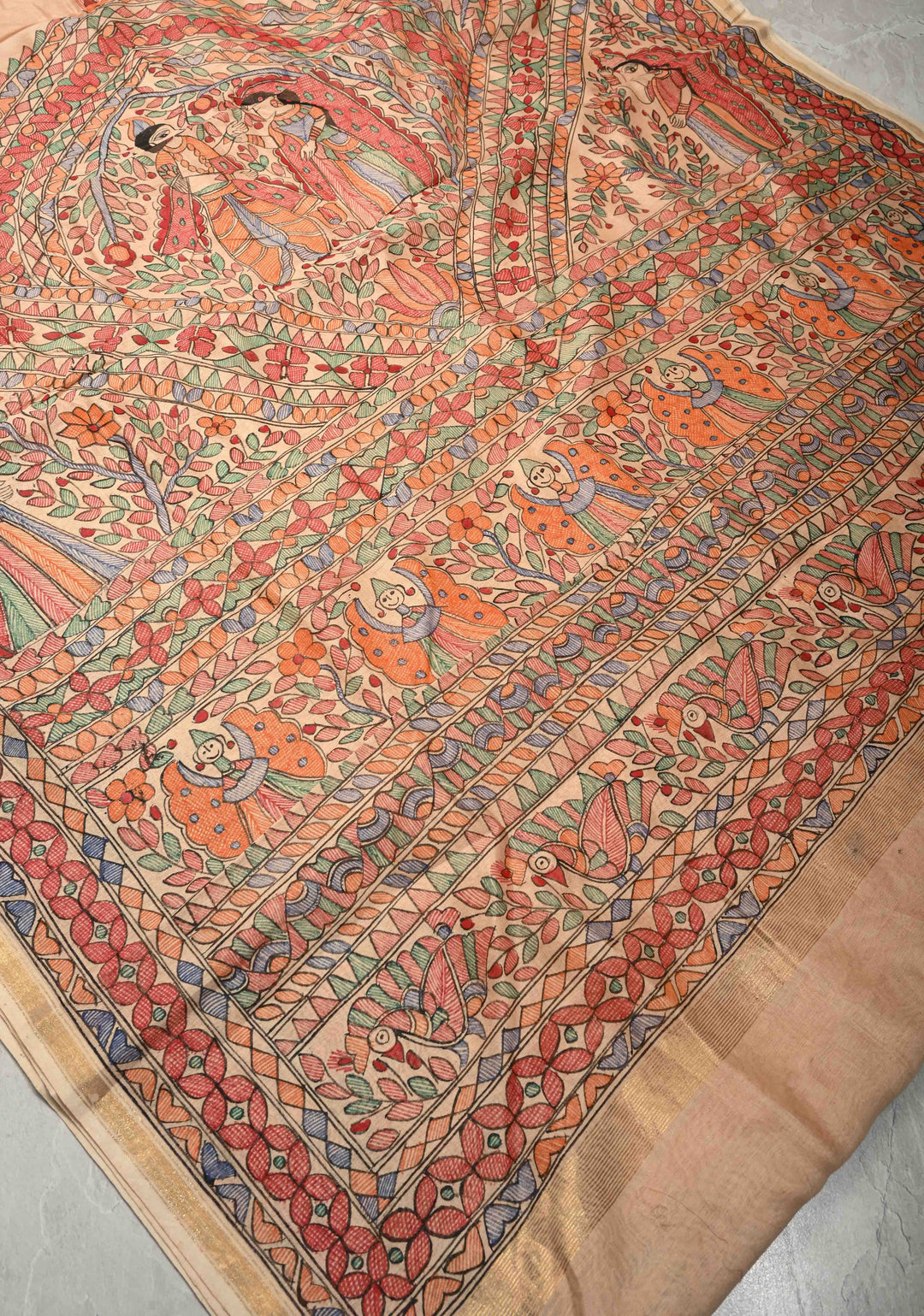 Beige Kanak Rekha Heritage Tussar Silk Saree with Madhubani hand painting and Minimal Zari Border | SILK MARK CERTIFIED