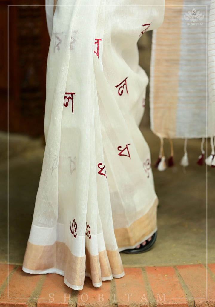 Bangla Alphabets embroidered Silk Linen Saree