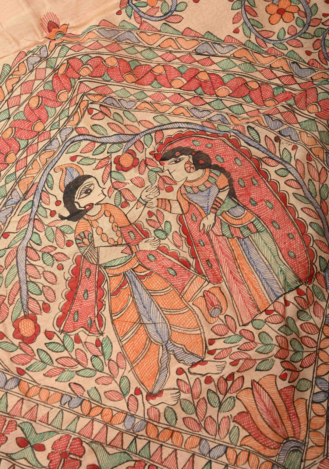 Beige Kanak Rekha Heritage Tussar Silk Saree with Madhubani hand painting and Minimal Zari Border | SILK MARK CERTIFIED