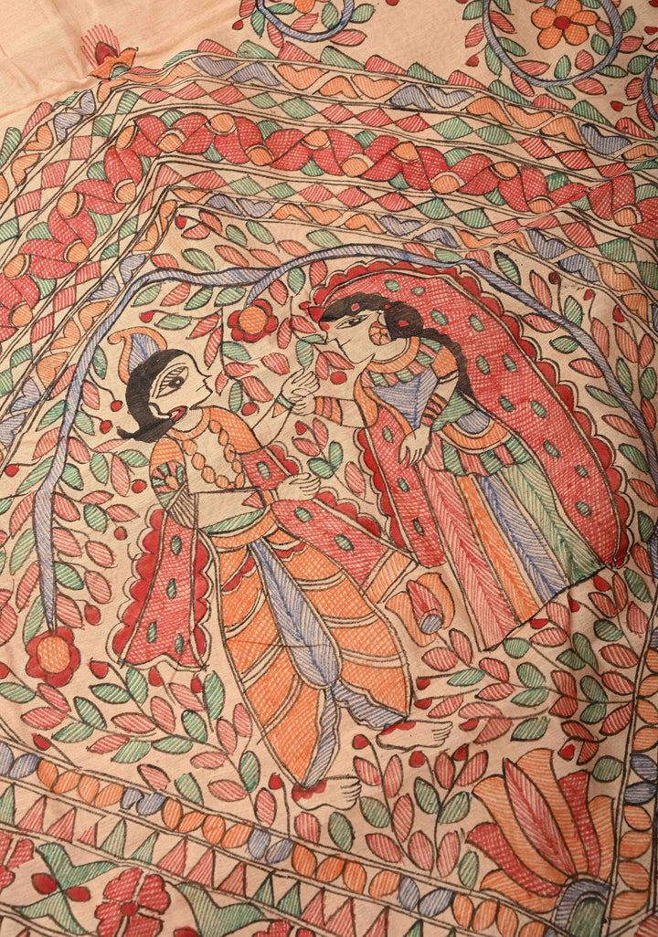 Beige Kanak Rekha Heritage Tussar Silk Saree with Madhubani hand painting and Minimal Zari Border | SILK MARK CERTIFIED