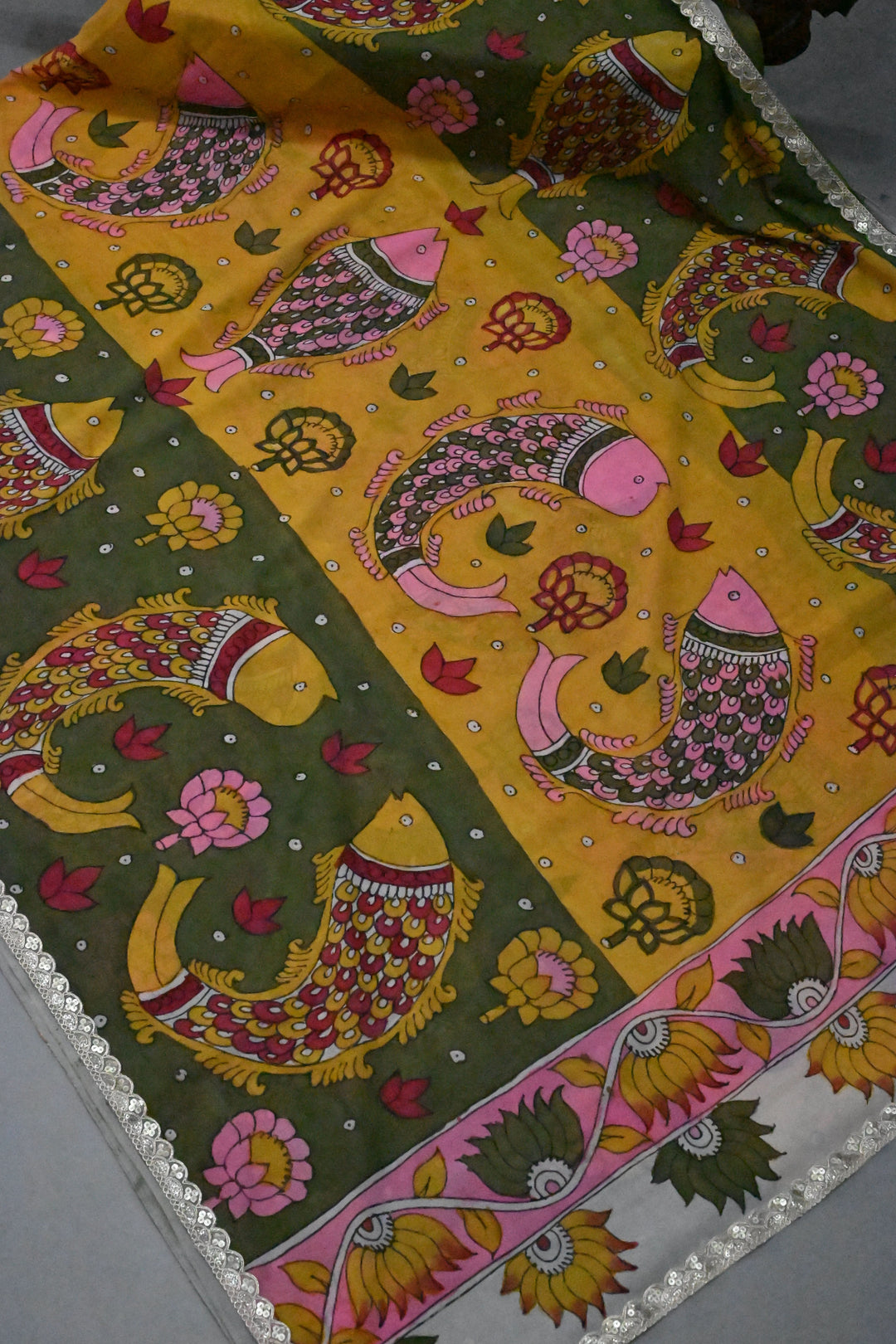 Floral Matsya theme - Ollive Green-Yellow Authentic Pen Kalamkari Handpainted on Pure Georgette Silk Saree With Lace Border | SILK MARK CERTIFIED | SHOBITAM