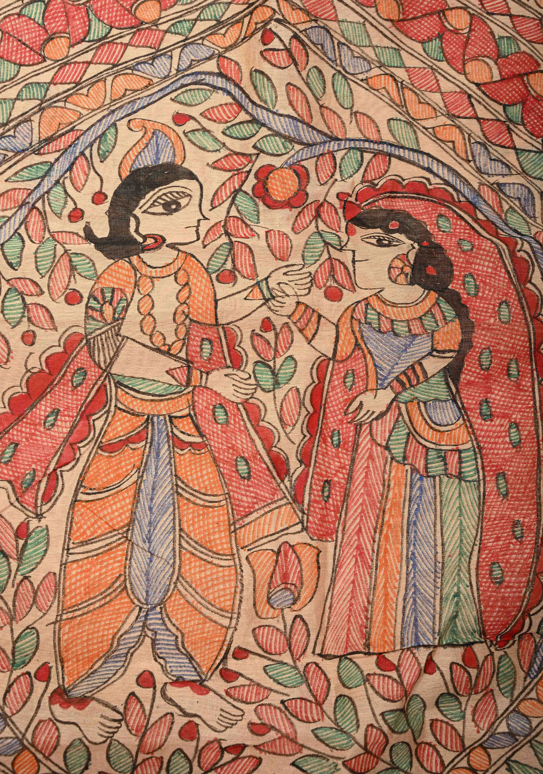 Beige Kanak Rekha Heritage Tussar Silk Saree with Madhubani hand painting and Minimal Zari Border | SILK MARK CERTIFIED