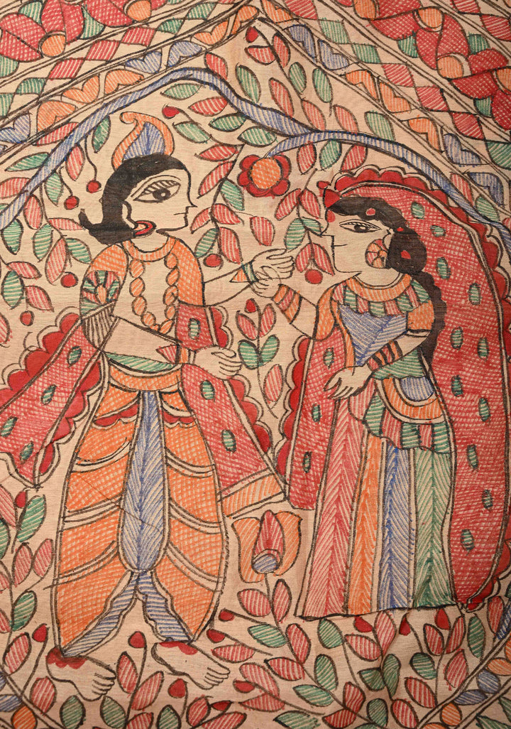 Beige Kanak Rekha Heritage Tussar Silk Saree with Madhubani hand painting and Minimal Zari Border | SILK MARK CERTIFIED