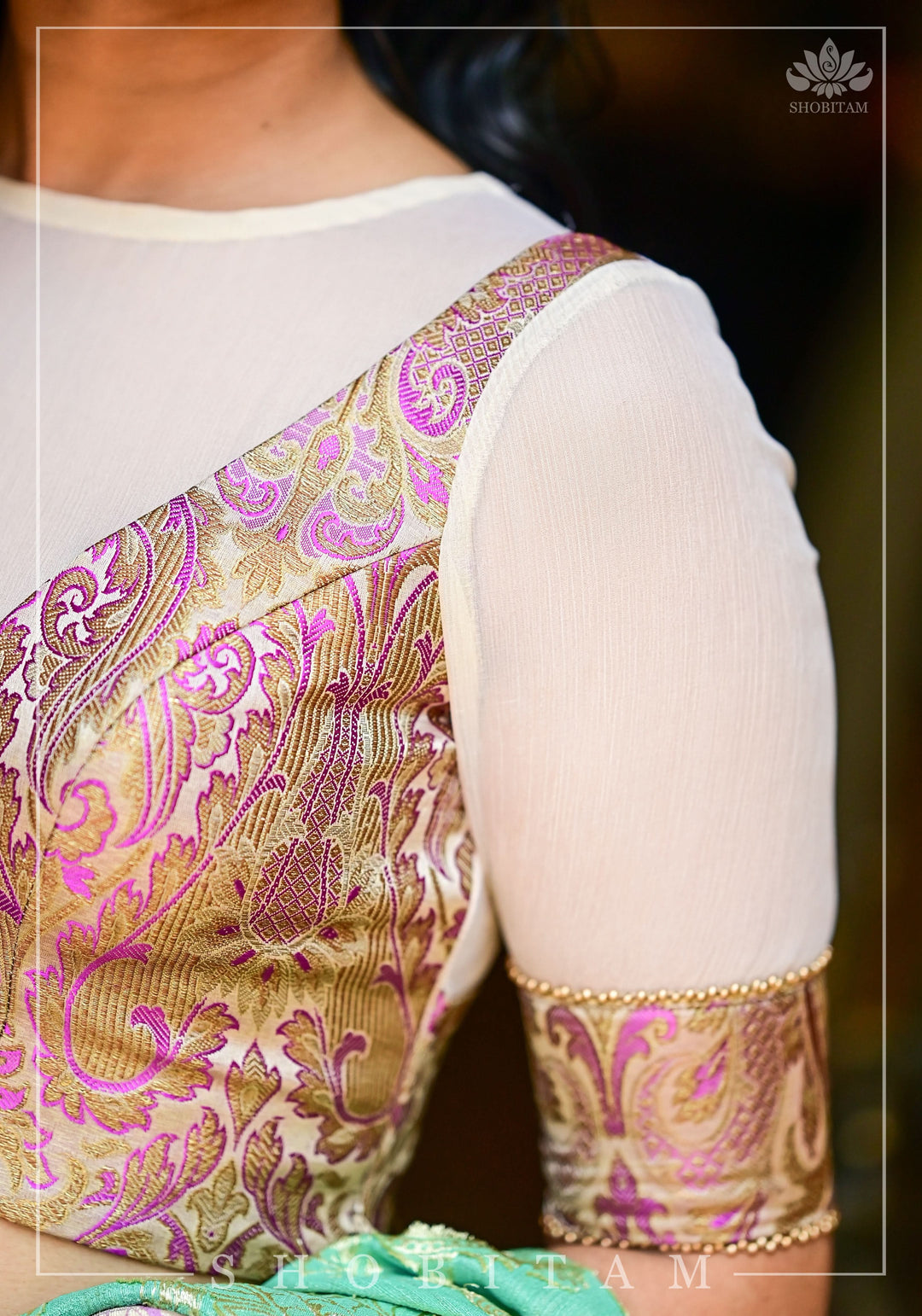 Purple Banarasi Blouse with sheer yoke, back and sleeves in beige net