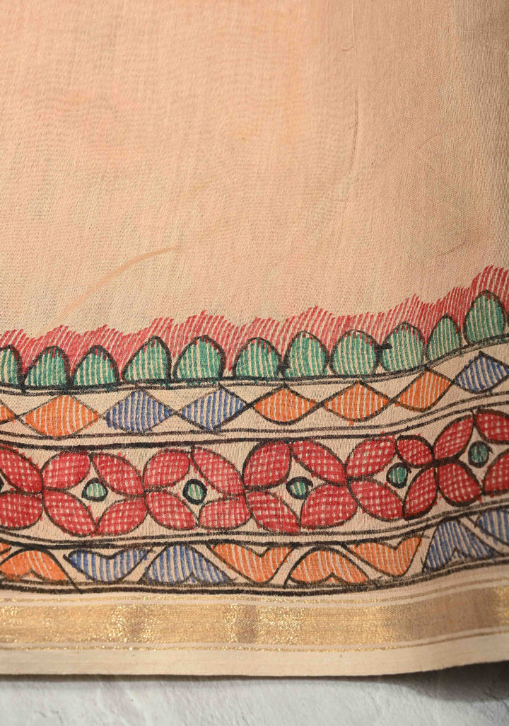 Beige Kanak Rekha Heritage Tussar Silk Saree with Madhubani hand painting and Minimal Zari Border | SILK MARK CERTIFIED