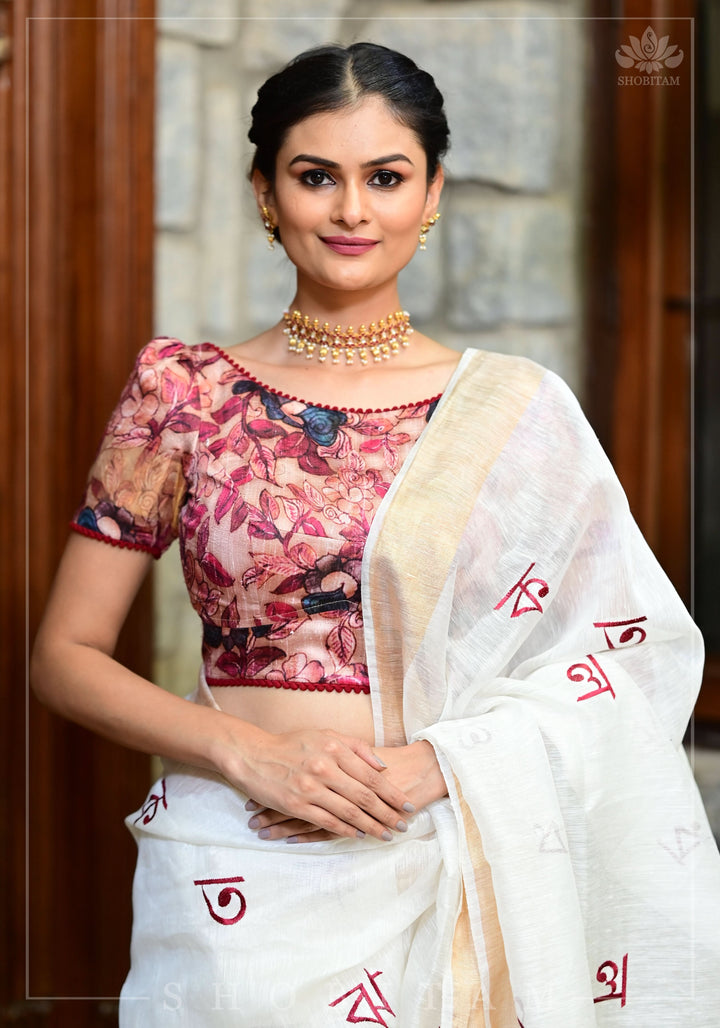 Bangla Alphabets embroidered Silk Linen Saree