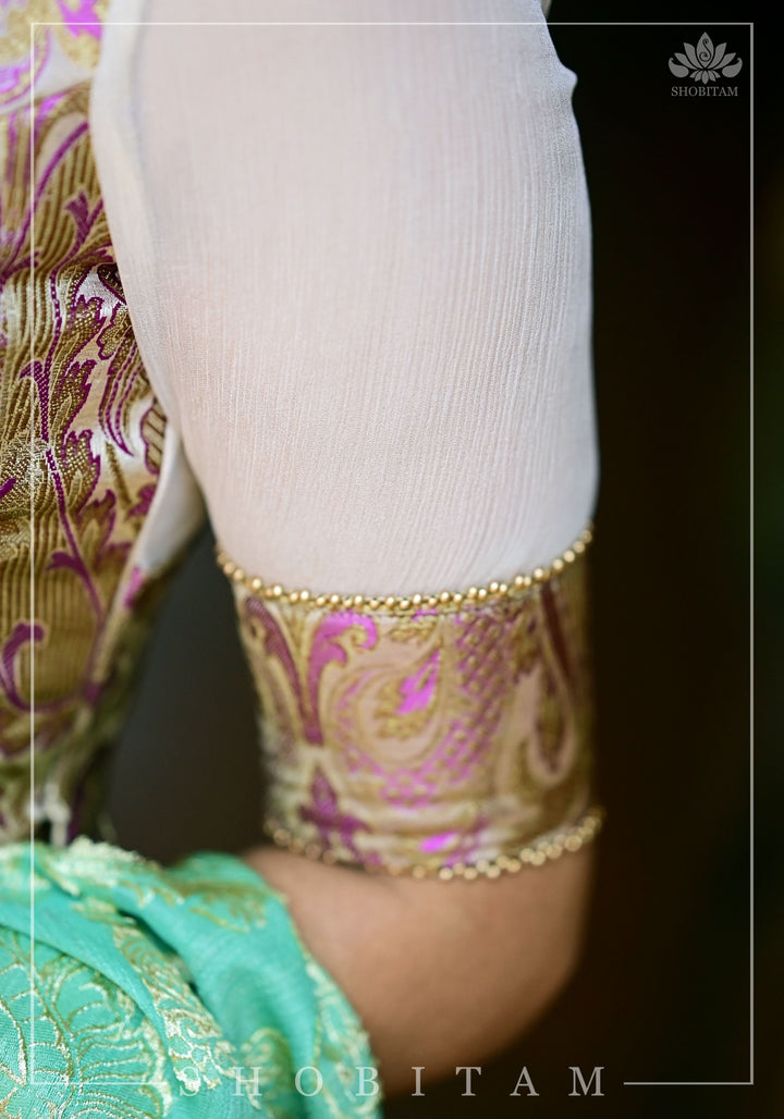 Purple Banarasi Blouse with sheer yoke, back and sleeves in beige net