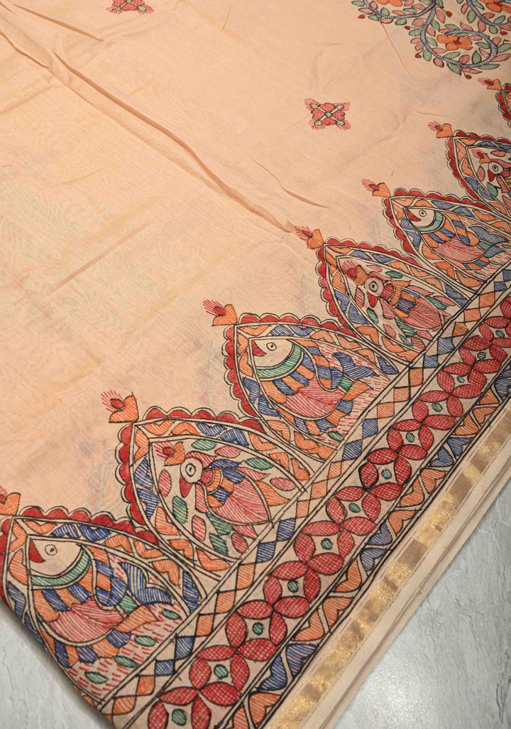Beige Kanak Rekha Heritage Tussar Silk Saree with Madhubani hand painting and Minimal Zari Border | SILK MARK CERTIFIED