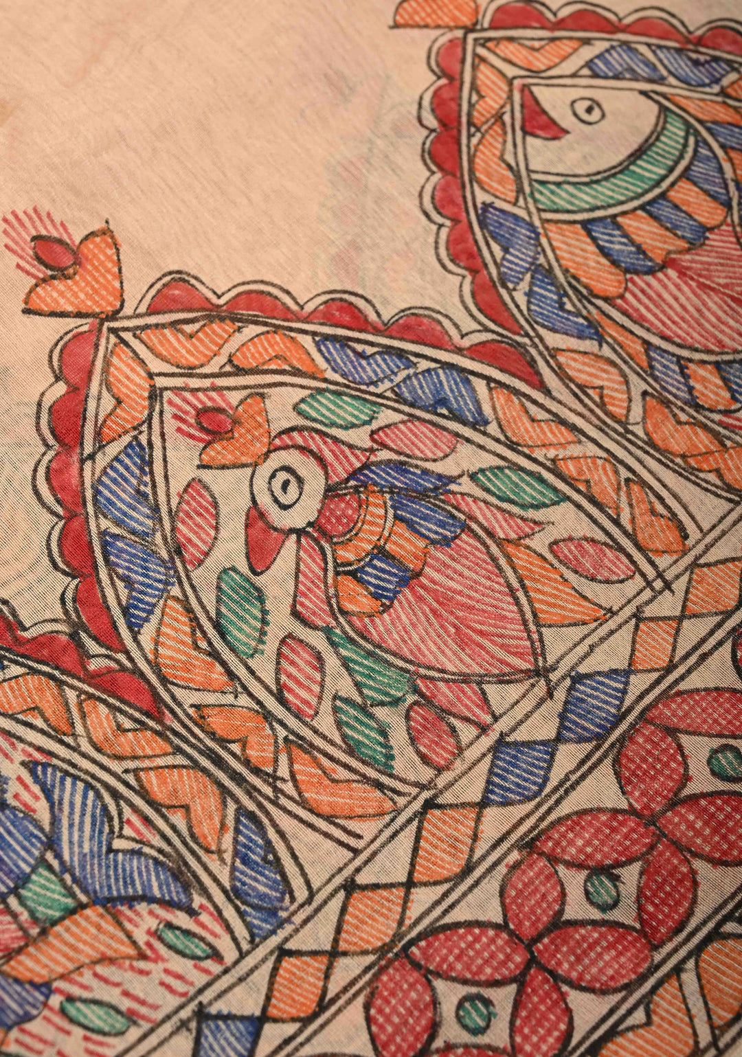 Beige Kanak Rekha Heritage Tussar Silk Saree with Madhubani hand painting and Minimal Zari Border | SILK MARK CERTIFIED