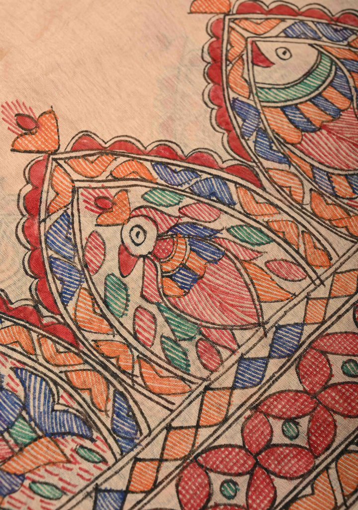 Beige Kanak Rekha Heritage Tussar Silk Saree with Madhubani hand painting and Minimal Zari Border | SILK MARK CERTIFIED