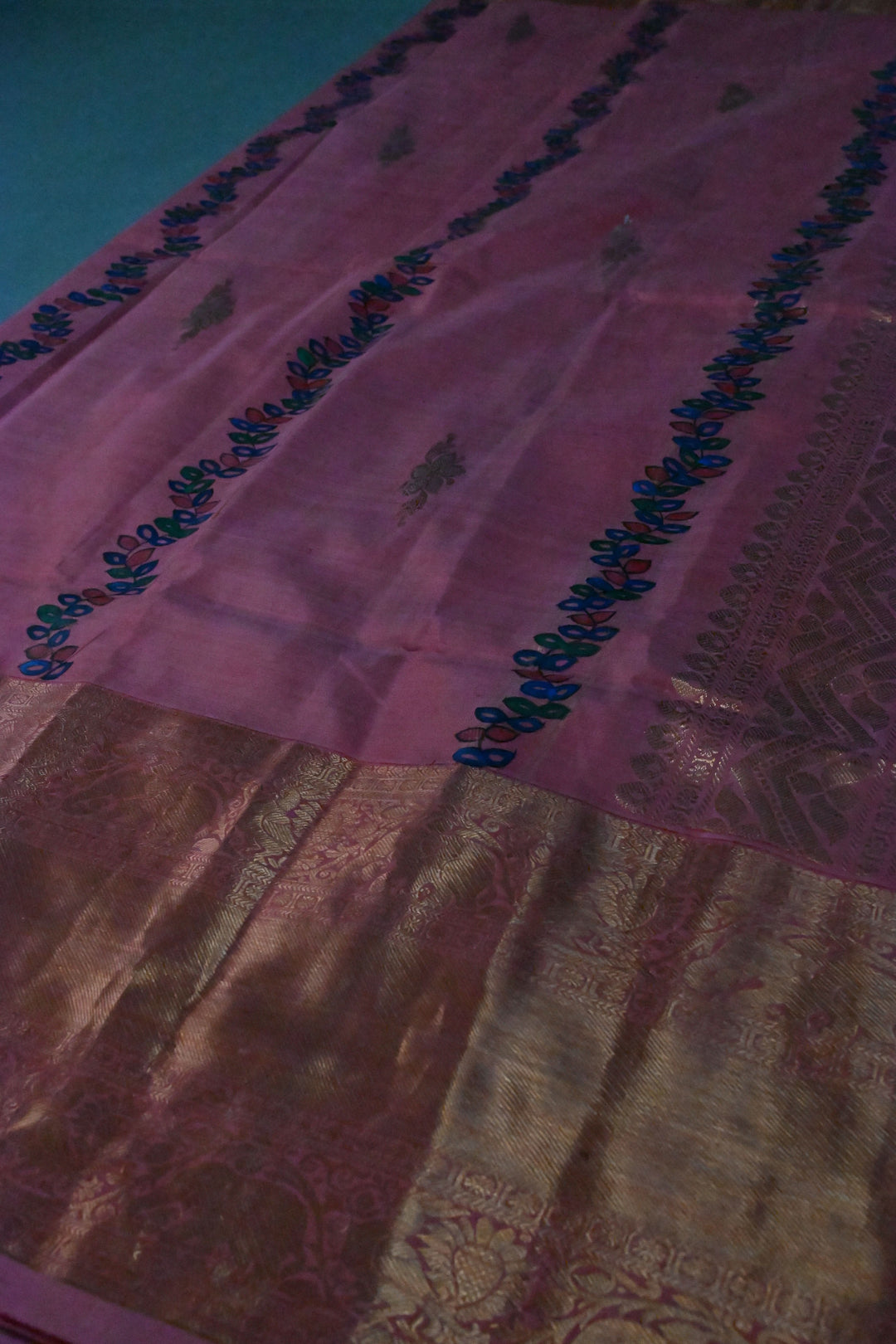Peach Meenakari Floral Buttas On Pure Kanjivaram Silk Saree Handpainted Madhubani Panels | SILK MARK CERTIFIED | SHOBITAM