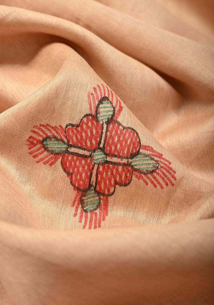 Beige Kanak Rekha Heritage Tussar Silk Saree with Madhubani hand painting and Minimal Zari Border | SILK MARK CERTIFIED