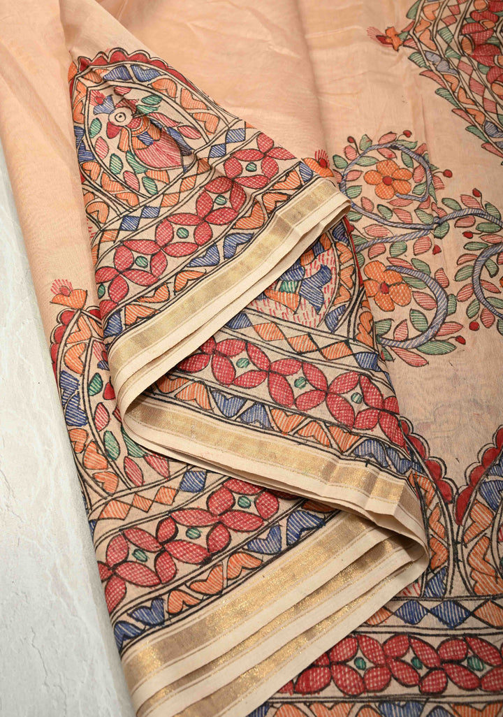 Beige Kanak Rekha Heritage Tussar Silk Saree with Madhubani hand painting and Minimal Zari Border | SILK MARK CERTIFIED