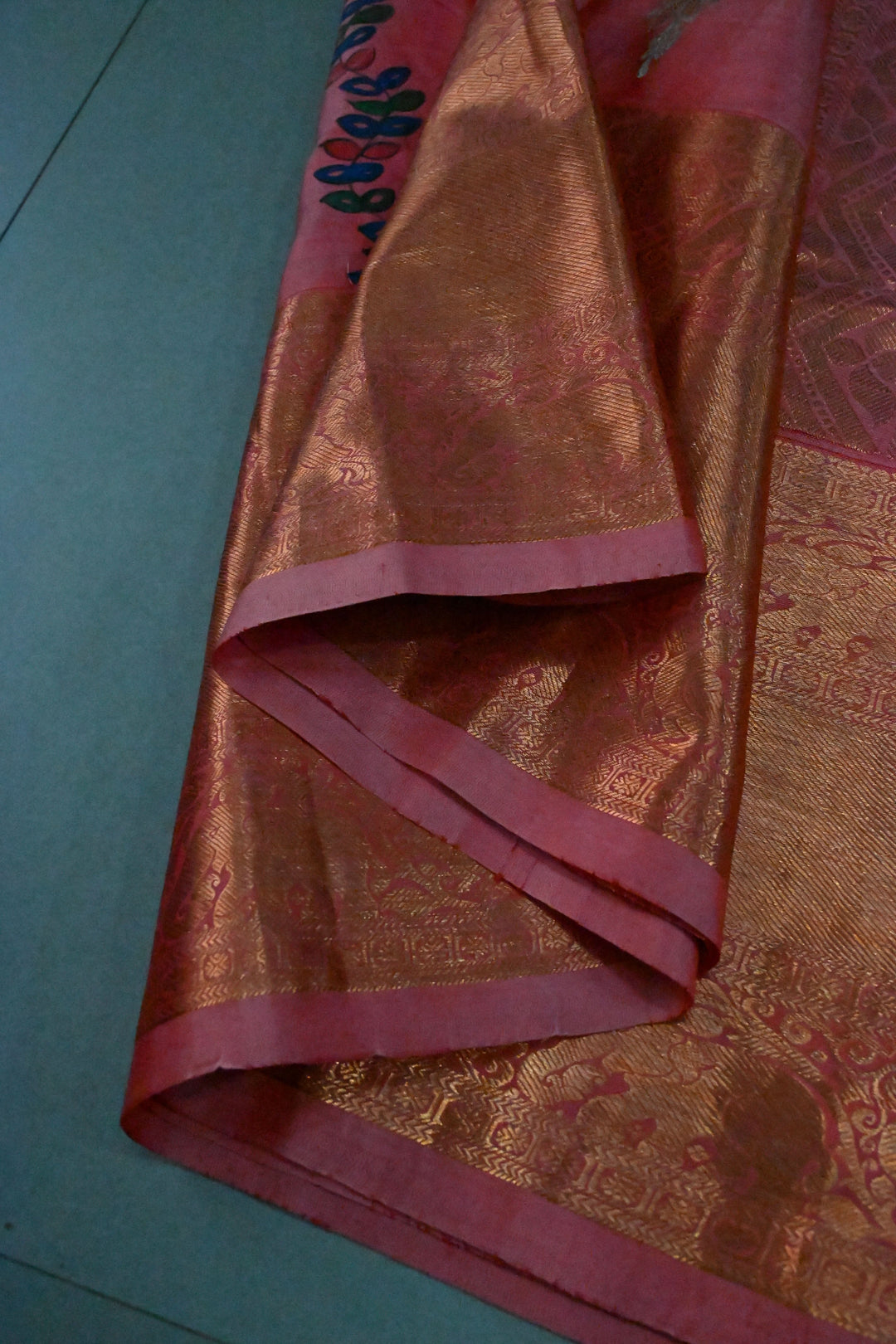 Peach Meenakari Floral Buttas On Pure Kanjivaram Silk Saree Handpainted Madhubani Panels | SILK MARK CERTIFIED | SHOBITAM