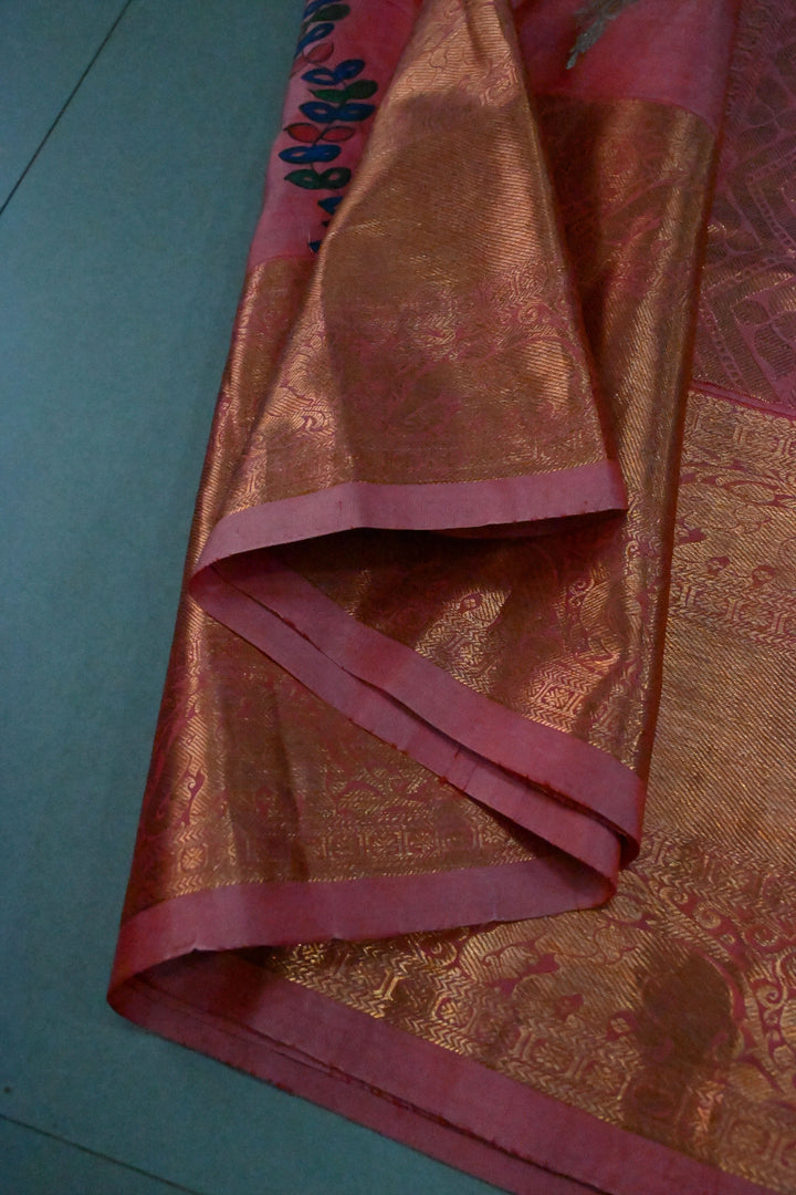 Peach Meenakari Floral Buttas On Pure Kanjivaram Silk Saree Handpainted Madhubani Panels | SILK MARK CERTIFIED | SHOBITAM