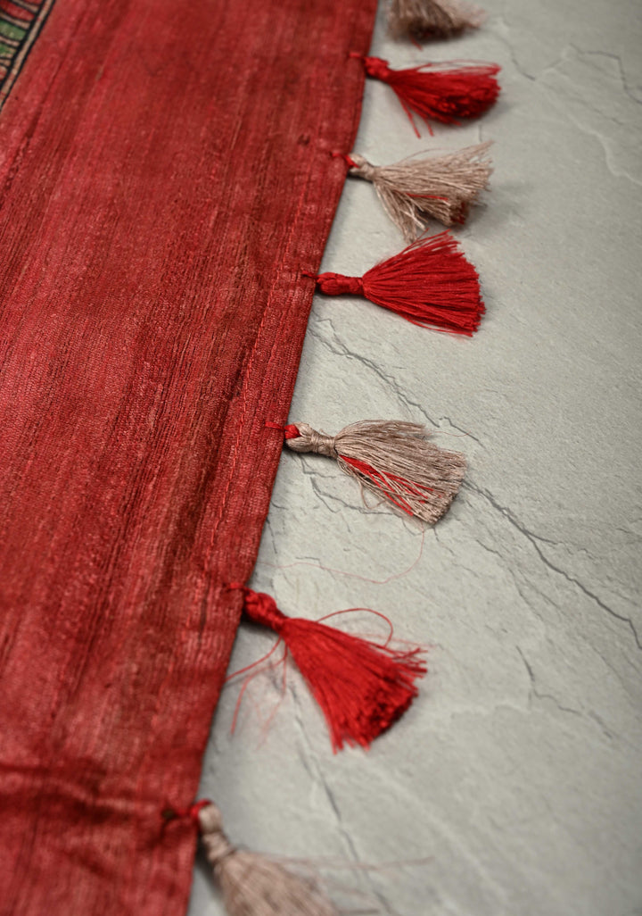 Coral Red Madhubani hand painting on Mithila Pakshi Ghicha Silk Saree| SILK MARK CERTIFIED