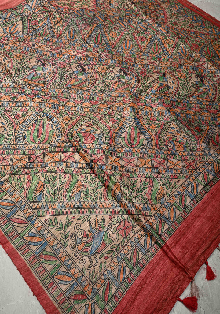 Coral Red Madhubani hand painting on Mithila Pakshi Ghicha Silk Saree| SILK MARK CERTIFIED