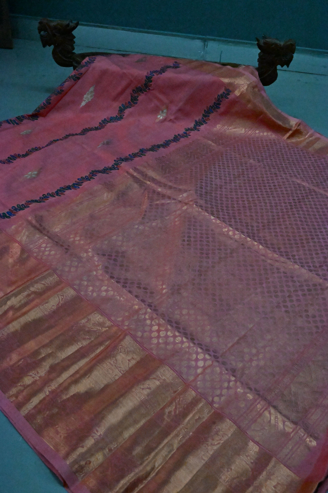 Peach Meenakari Floral Buttas On Pure Kanjivaram Silk Saree Handpainted Madhubani Panels | SILK MARK CERTIFIED | SHOBITAM