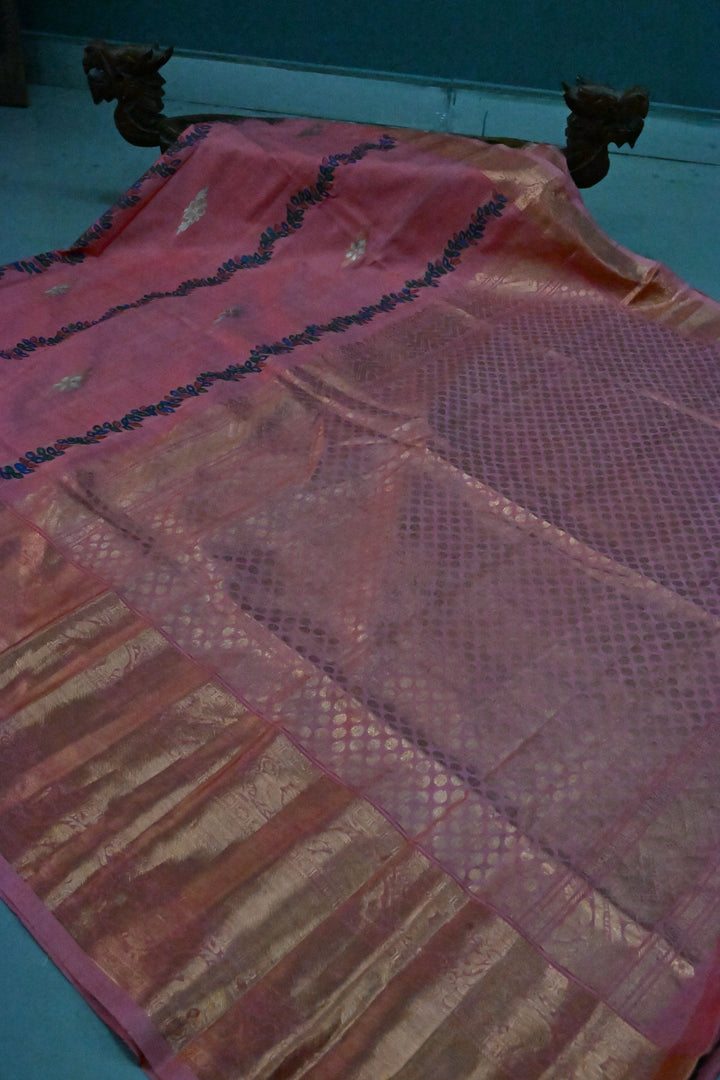 Peach Meenakari Floral Buttas On Pure Kanjivaram Silk Saree Handpainted Madhubani Panels | SILK MARK CERTIFIED | SHOBITAM
