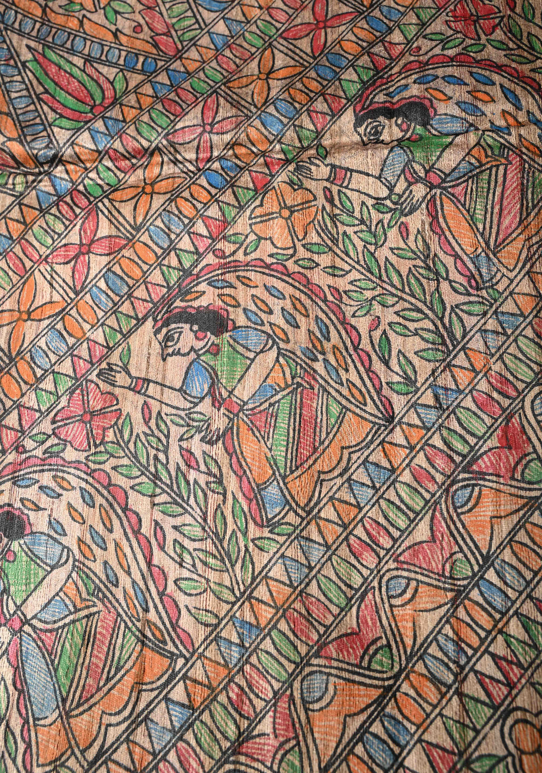 Coral Red Madhubani hand painting on Mithila Pakshi Ghicha Silk Saree| SILK MARK CERTIFIED