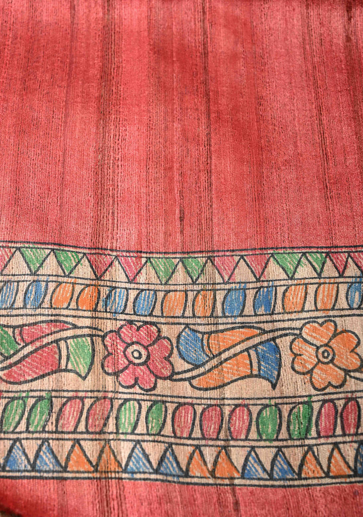 Coral Red Madhubani hand painting on Mithila Pakshi Ghicha Silk Saree| SILK MARK CERTIFIED