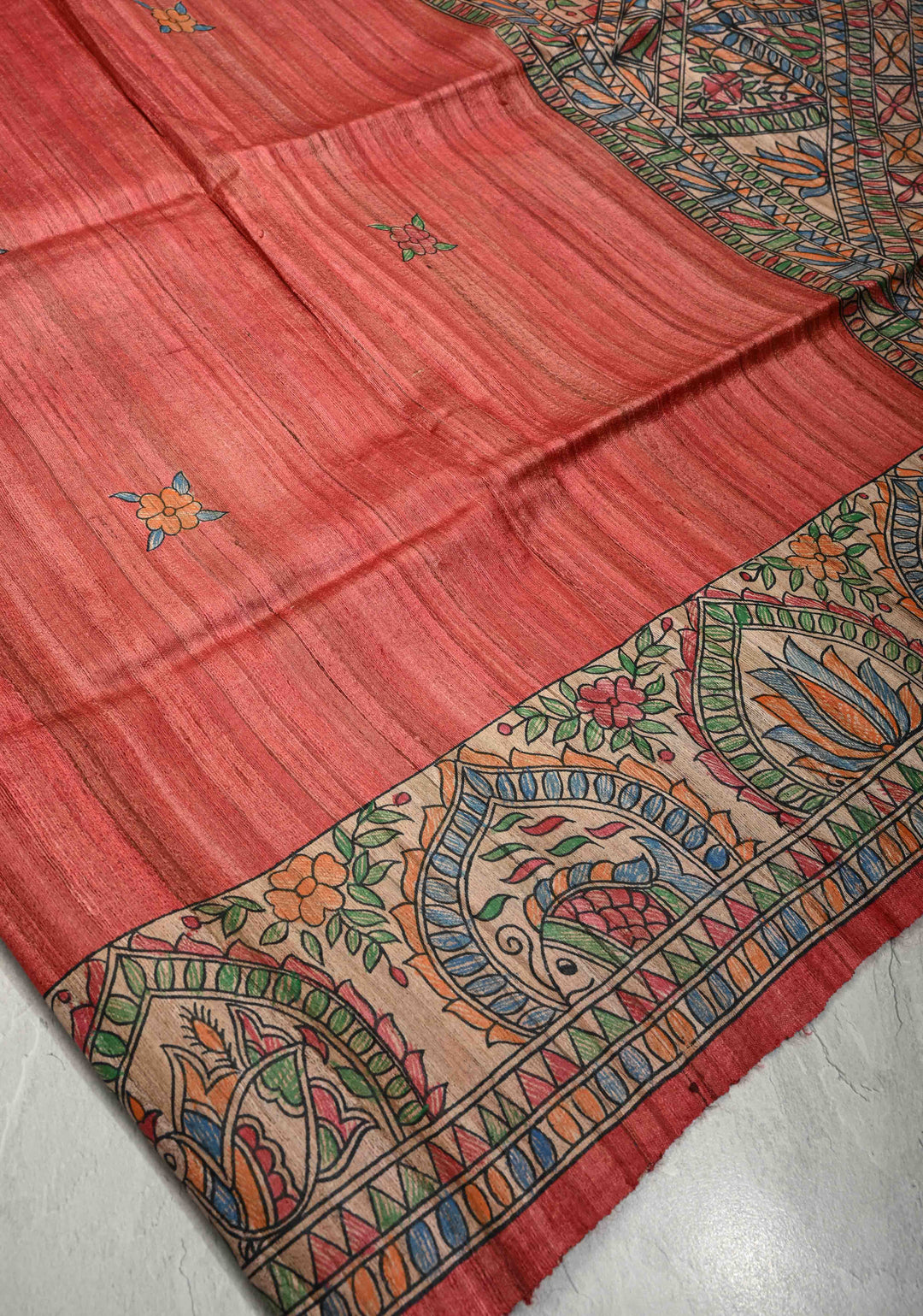 Coral Red Madhubani hand painting on Mithila Pakshi Ghicha Silk Saree| SILK MARK CERTIFIED