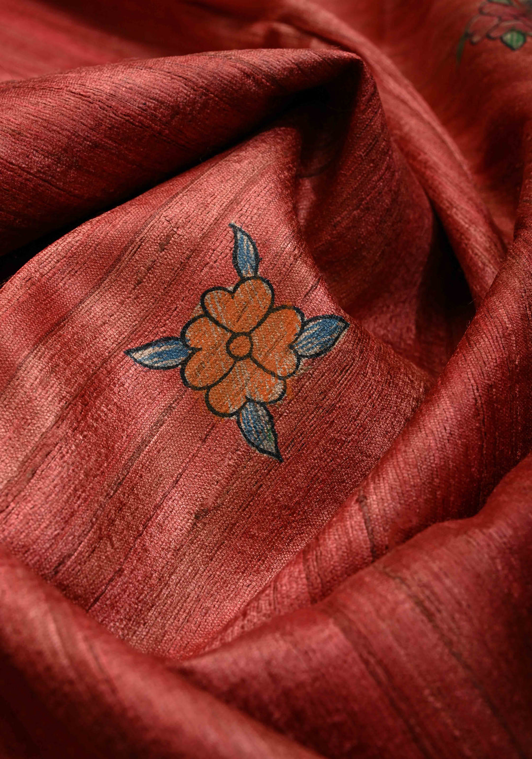 Coral Red Madhubani hand painting on Mithila Pakshi Ghicha Silk Saree| SILK MARK CERTIFIED