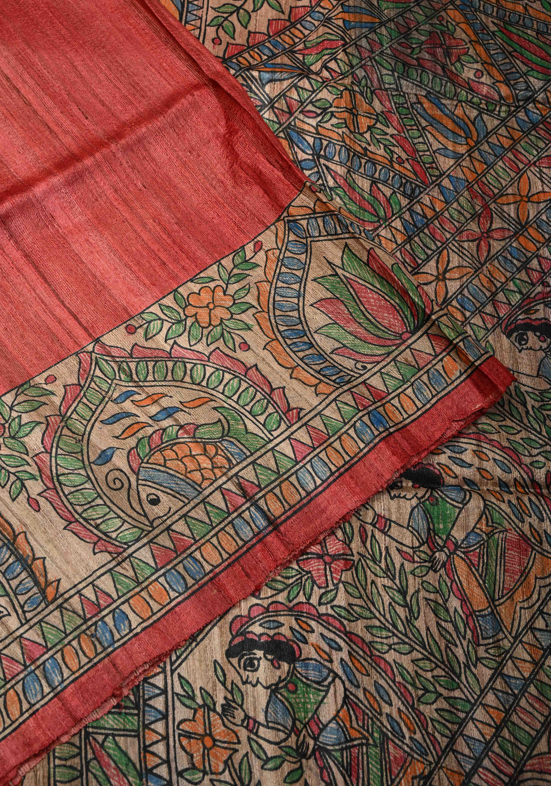 Coral Red Madhubani hand painting on Mithila Pakshi Ghicha Silk Saree| SILK MARK CERTIFIED