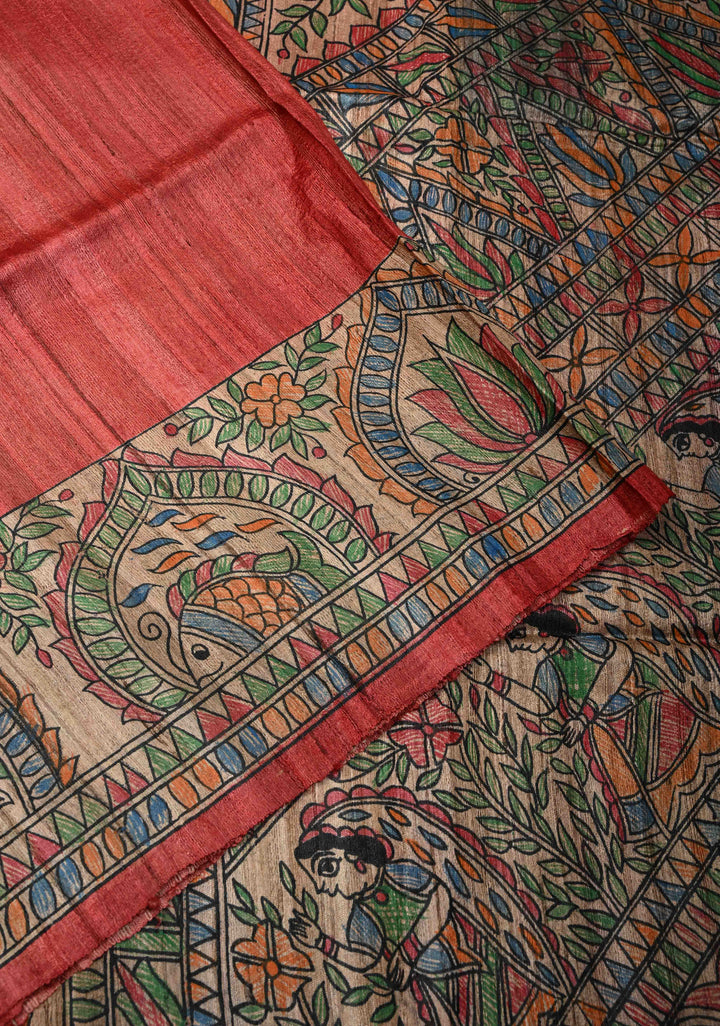 Coral Red Madhubani hand painting on Mithila Pakshi Ghicha Silk Saree| SILK MARK CERTIFIED