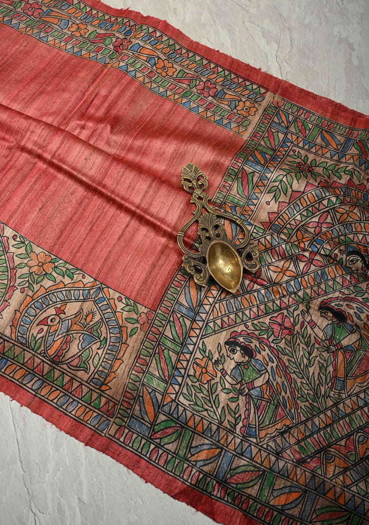 Coral Red Madhubani hand painting on Mithila Pakshi Ghicha Silk Saree| SILK MARK CERTIFIED