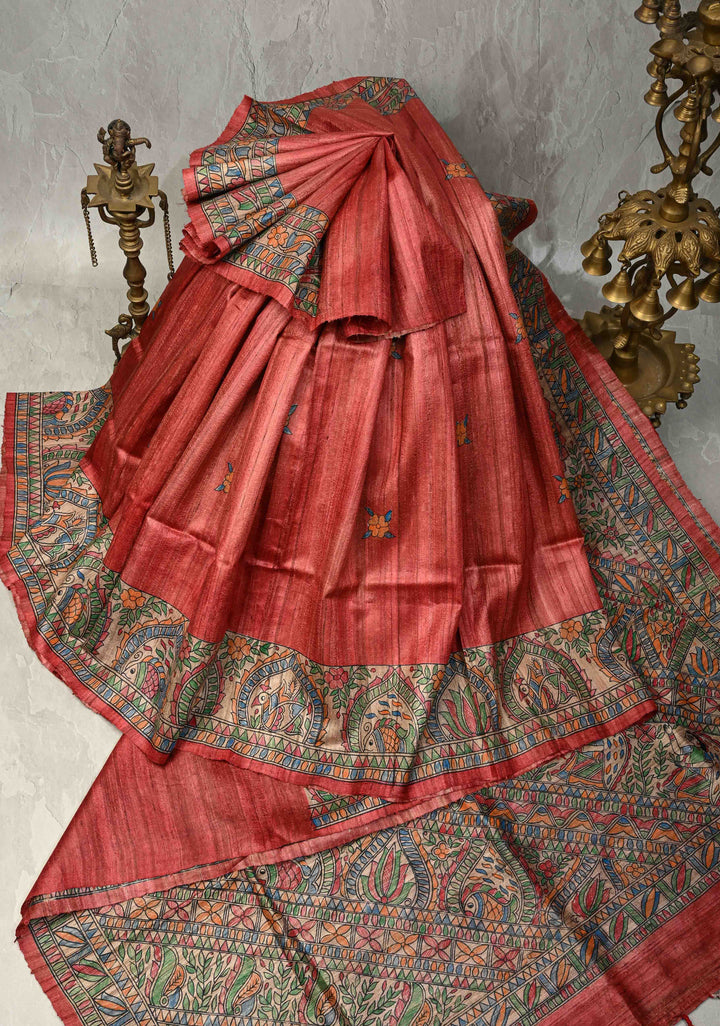 Coral Red Madhubani hand painting on Mithila Pakshi Ghicha Silk Saree| SILK MARK CERTIFIED