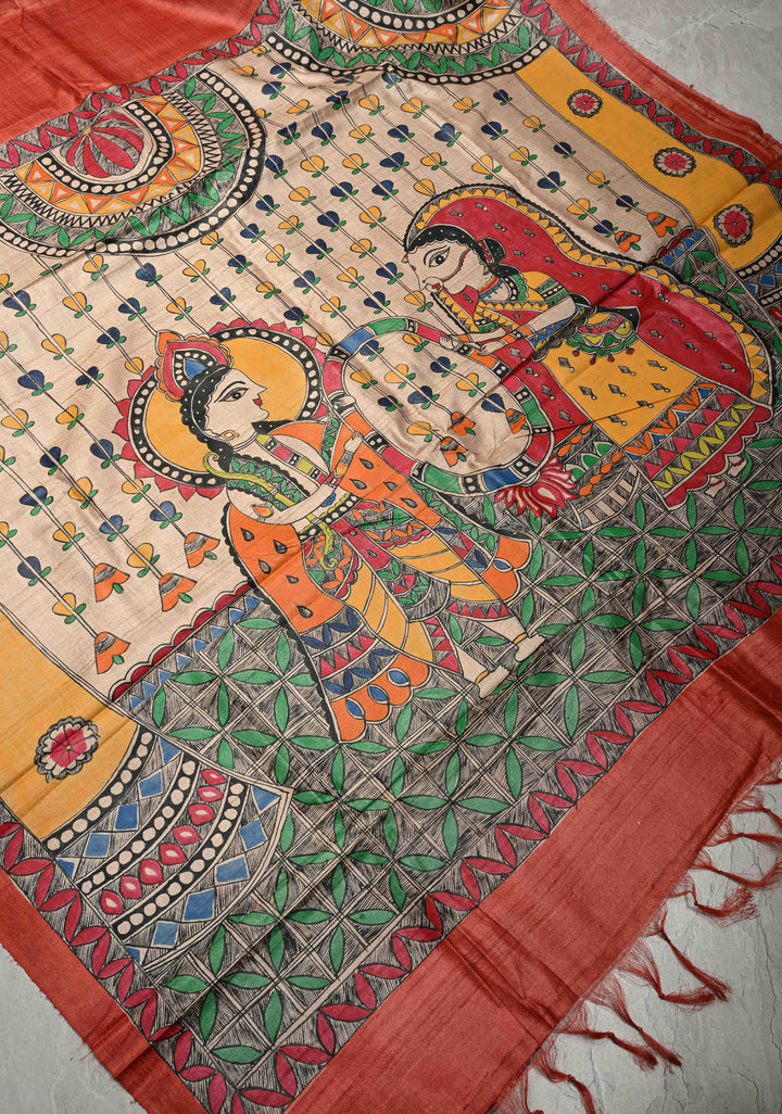 Flame Orange Madhubani hand painting on Aranya Chakra Ghicha Silk Saree | SILK MARK CERTIFIED