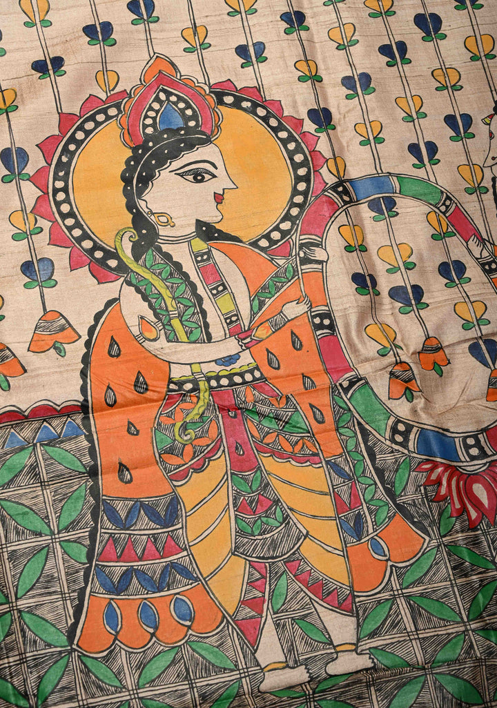 Flame Orange Madhubani hand painting on Aranya Chakra Ghicha Silk Saree | SILK MARK CERTIFIED