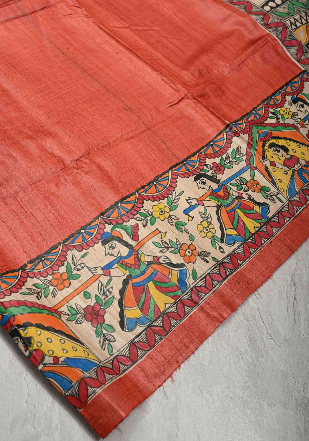 Flame Orange Madhubani hand painting on Aranya Chakra Ghicha Silk Saree | SILK MARK CERTIFIED