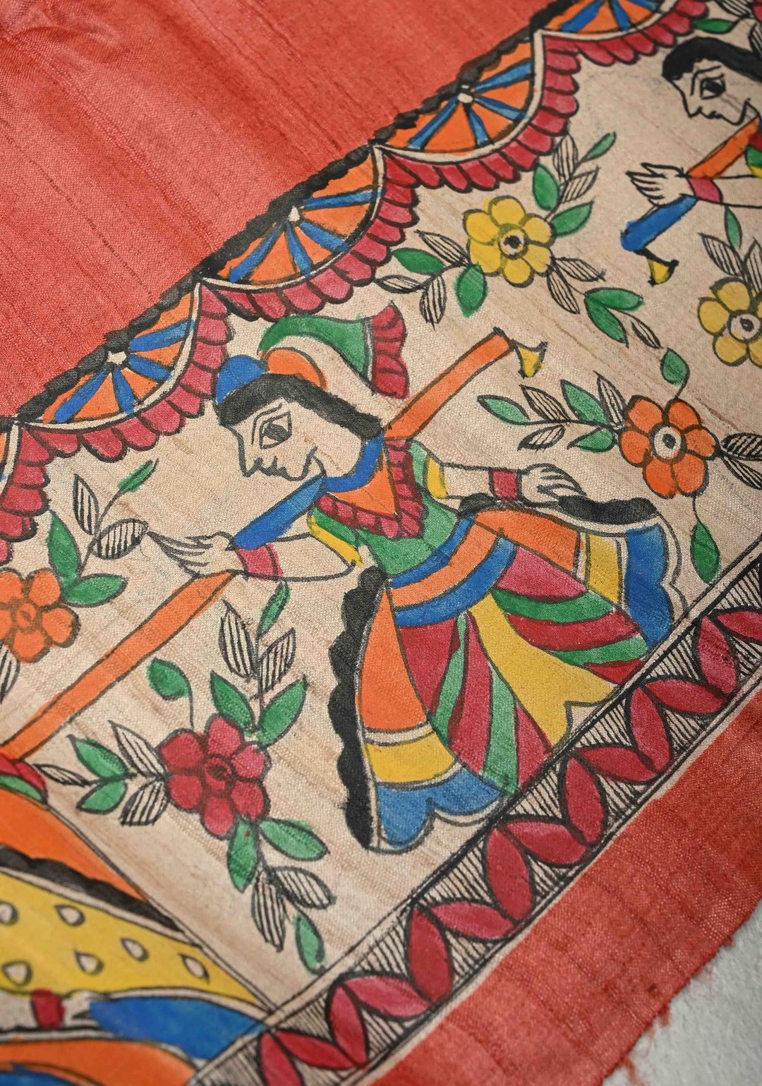 Flame Orange Madhubani hand painting on Aranya Chakra Ghicha Silk Saree | SILK MARK CERTIFIED