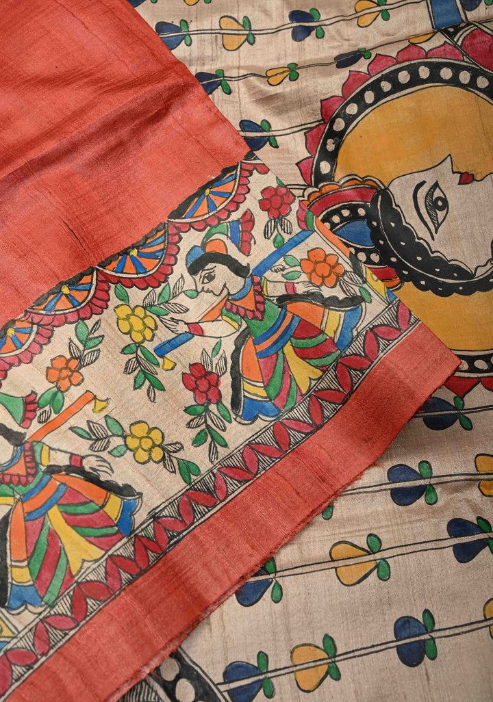 Flame Orange Madhubani hand painting on Aranya Chakra Ghicha Silk Saree | SILK MARK CERTIFIED