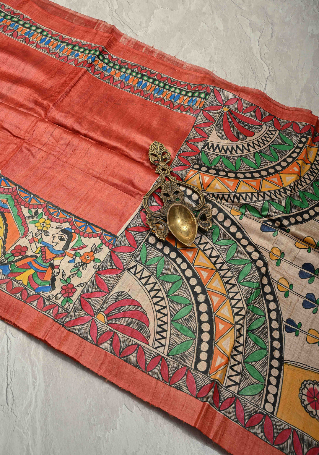 Flame Orange Madhubani hand painting on Aranya Chakra Ghicha Silk Saree | SILK MARK CERTIFIED