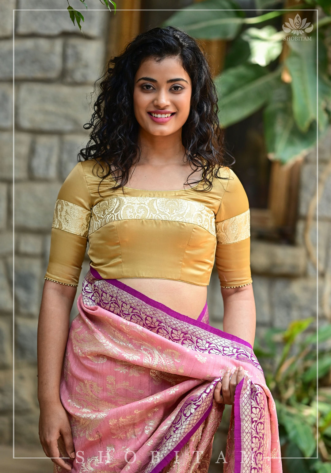 Gold tone Blouse with Tan Banarasi band and keyhole back