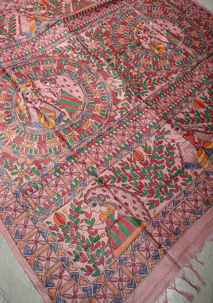 Blush Pink Madhubani hand painting on Madhuban Nari Tussar Silk Saree | SILK MARK CERTIFIED