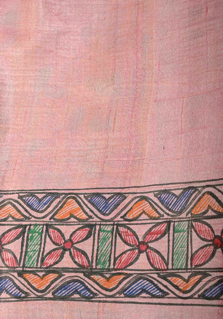 Blush Pink Madhubani hand painting on Madhuban Nari Tussar Silk Saree | SILK MARK CERTIFIED