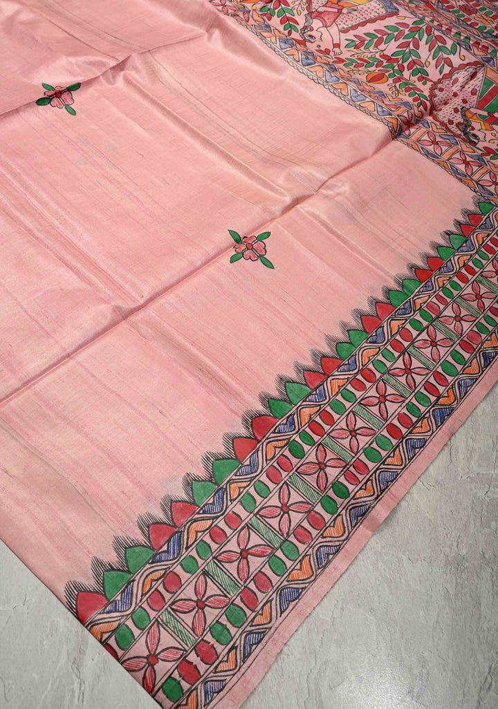 Blush Pink Madhubani hand painting on Madhuban Nari Tussar Silk Saree | SILK MARK CERTIFIED