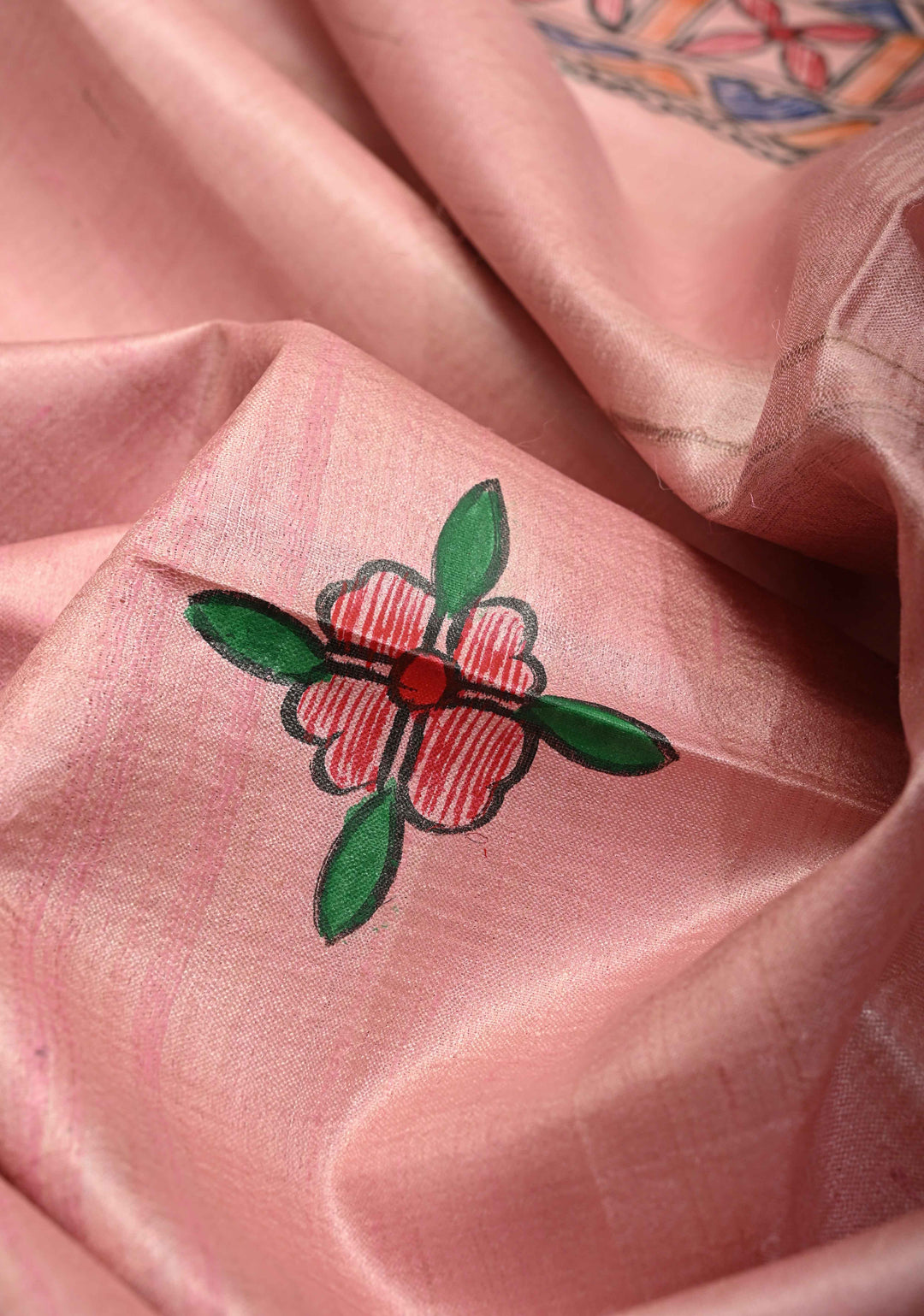 Blush Pink Madhubani hand painting on Madhuban Nari Tussar Silk Saree | SILK MARK CERTIFIED