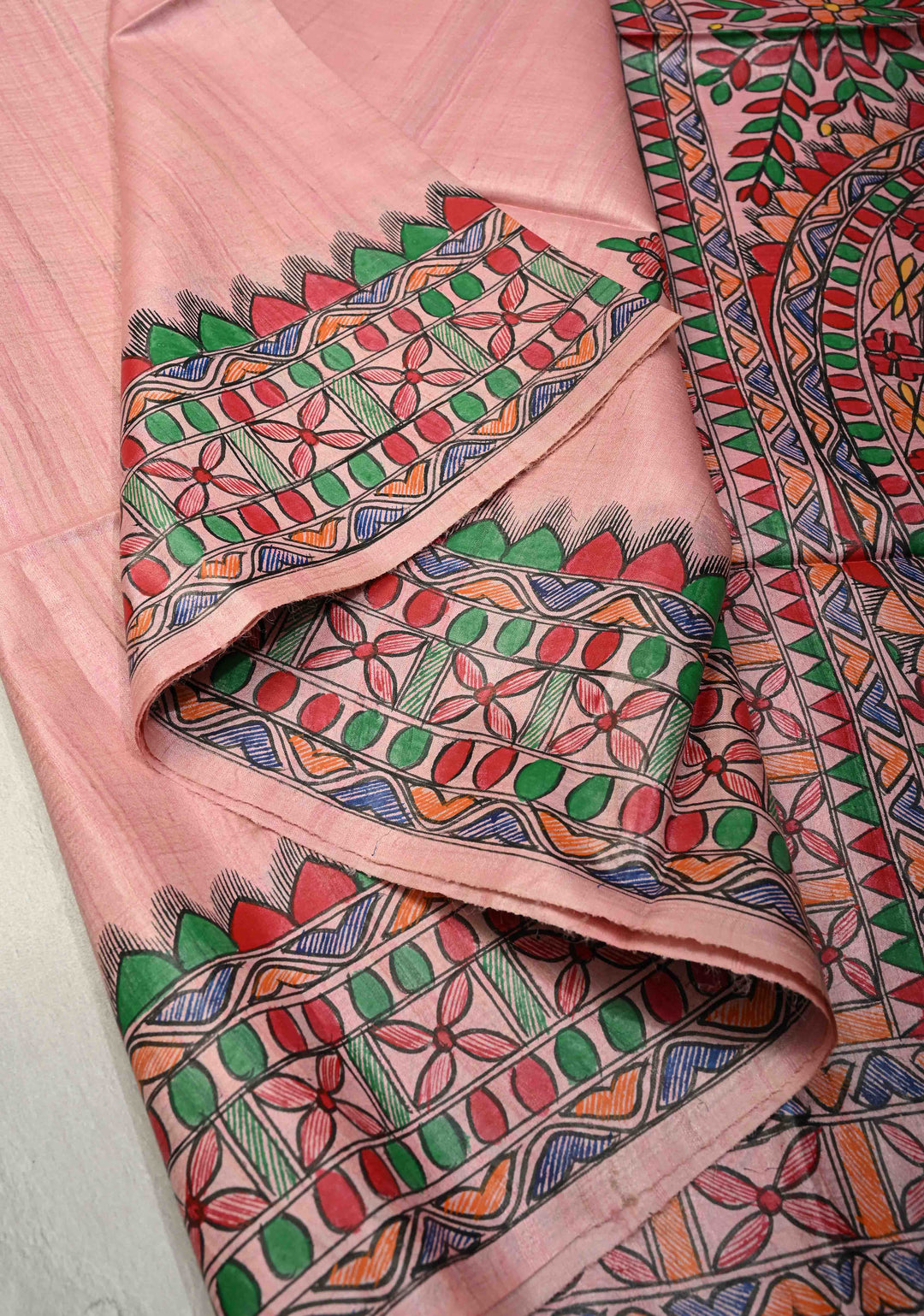 Blush Pink Madhubani hand painting on Madhuban Nari Tussar Silk Saree | SILK MARK CERTIFIED