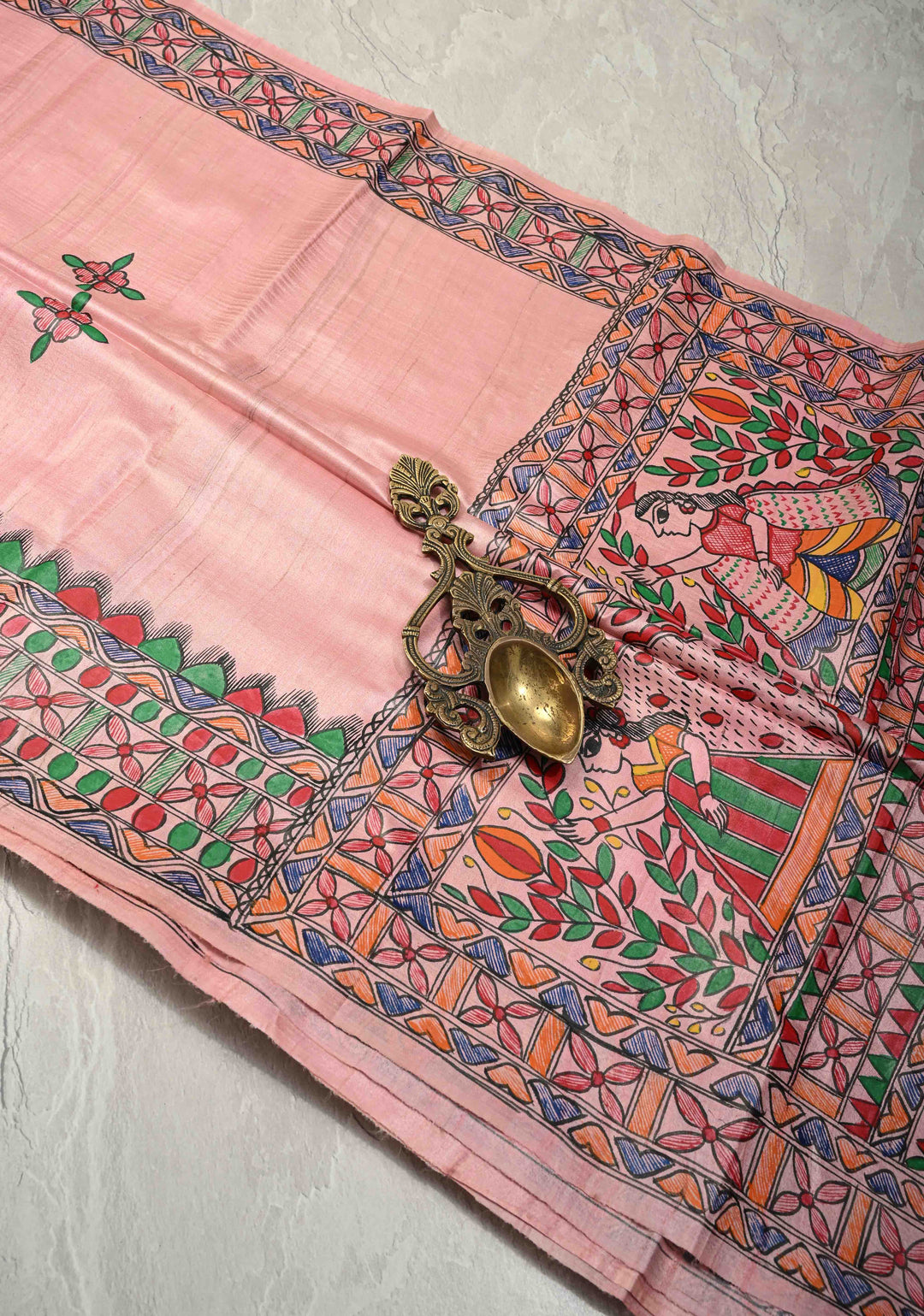 Blush Pink Madhubani hand painting on Madhuban Nari Tussar Silk Saree | SILK MARK CERTIFIED