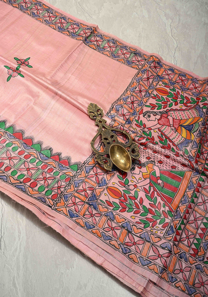Blush Pink Madhubani hand painting on Madhuban Nari Tussar Silk Saree | SILK MARK CERTIFIED