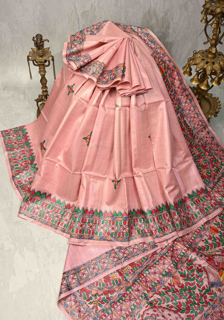 Blush Pink Madhubani hand painting on Madhuban Nari Tussar Silk Saree | SILK MARK CERTIFIED