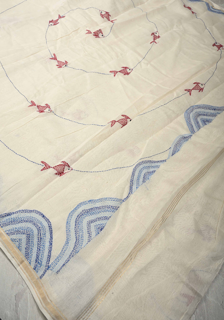 White Prakriti Neer Chanderi Silk Saree with Sujni Embrideory with Minimal Zari Border | SHOBITAM