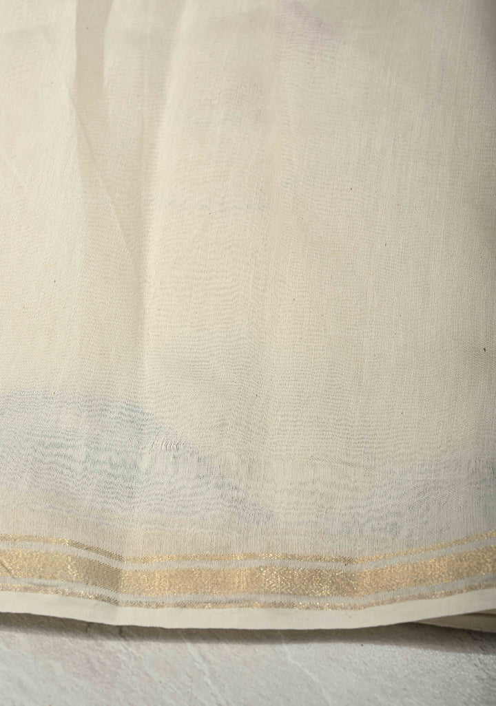 White Prakriti Neer Chanderi Silk Saree with Sujni Embrideory with Minimal Zari Border | SHOBITAM