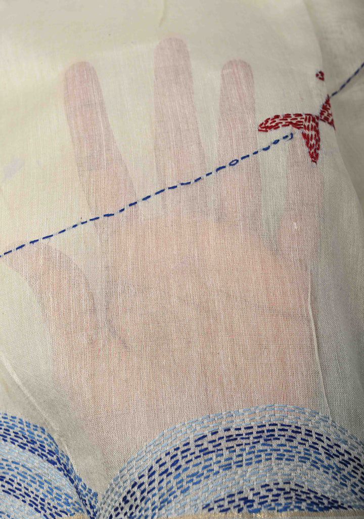 White Prakriti Neer Chanderi Silk Saree with Sujni Embrideory with Minimal Zari Border | SHOBITAM